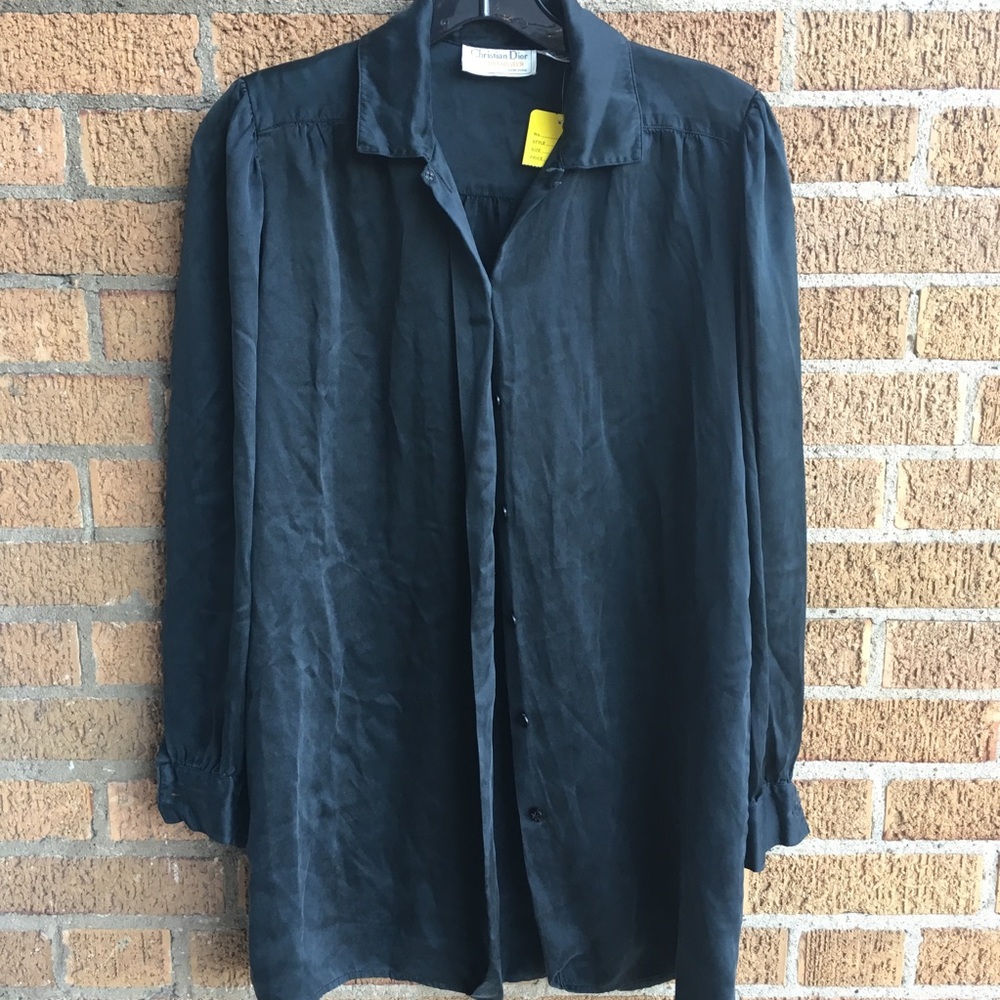 Vintage Christian Dior Button Blouse Black Silk
